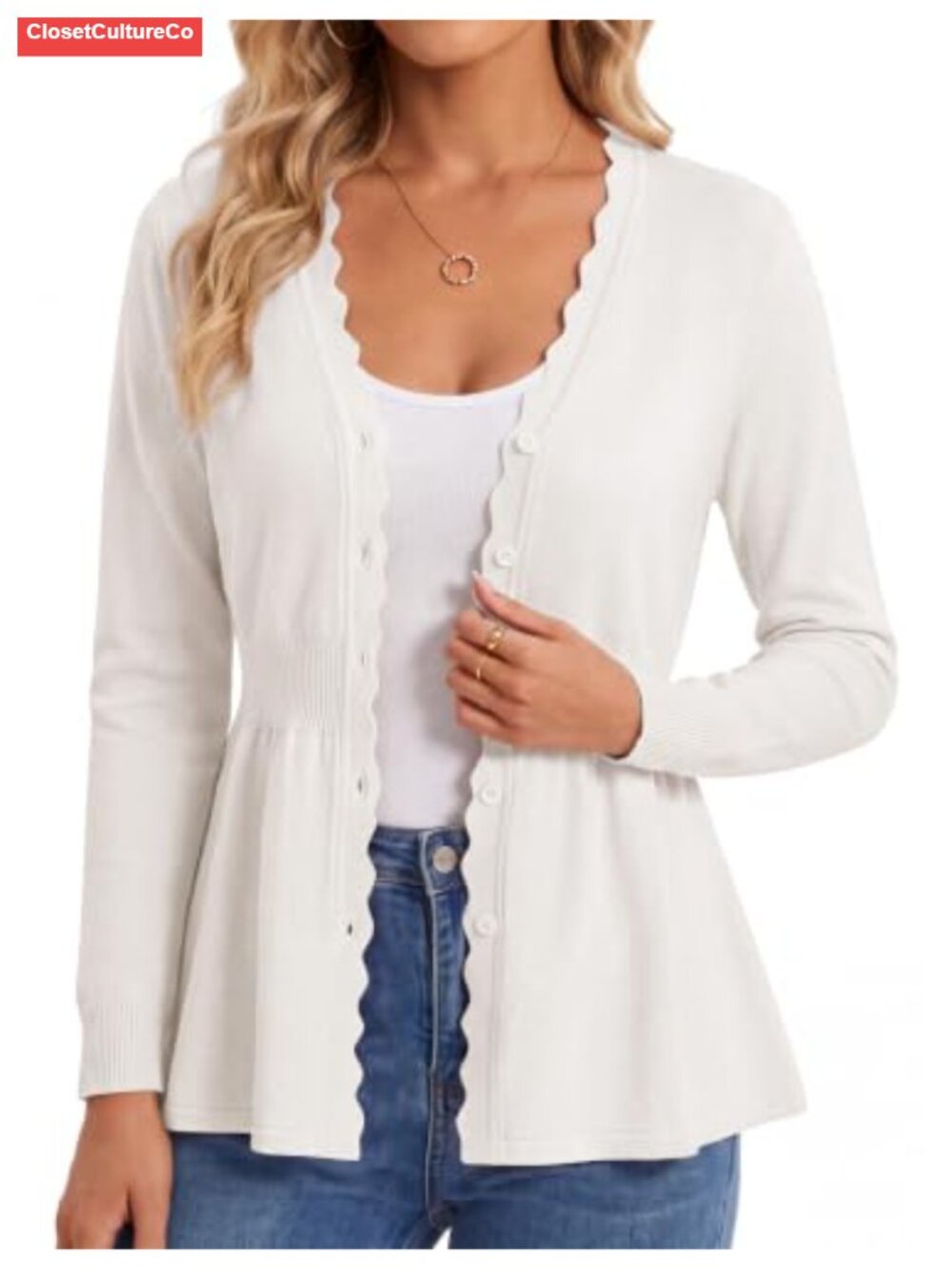 Lightweight Viscose Cardigan Sweater with Scalloped V Neck Button Front